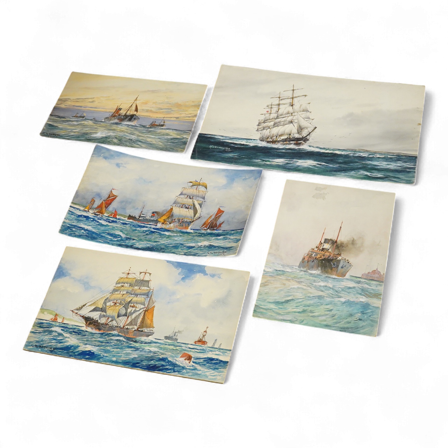 Charles Hopkins and AFD Bannister, five original watercolours for postcard designs, Channel shipping scenes to include ‘Off Dover’ and ‘Off the Gull Light’, four by Hopkins, one by Bannister, four signed, unframed, large